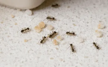Small black house ants gathering at food crumbs on a kitchen floor