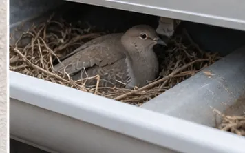 Pigeon sitting on a nest in the gap under a solar panel