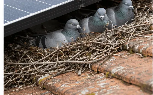 Pigeons nesting in sticks under solar panels on a tiled roof