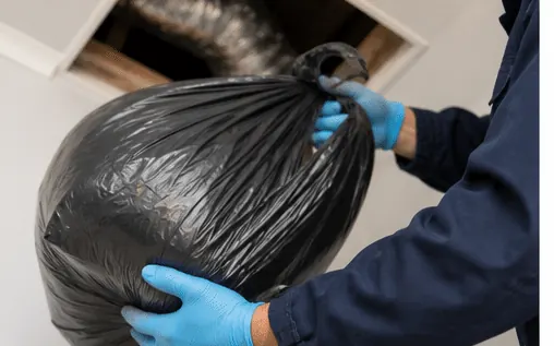 Technician bagging a dead animal removed through a ceiling hatch