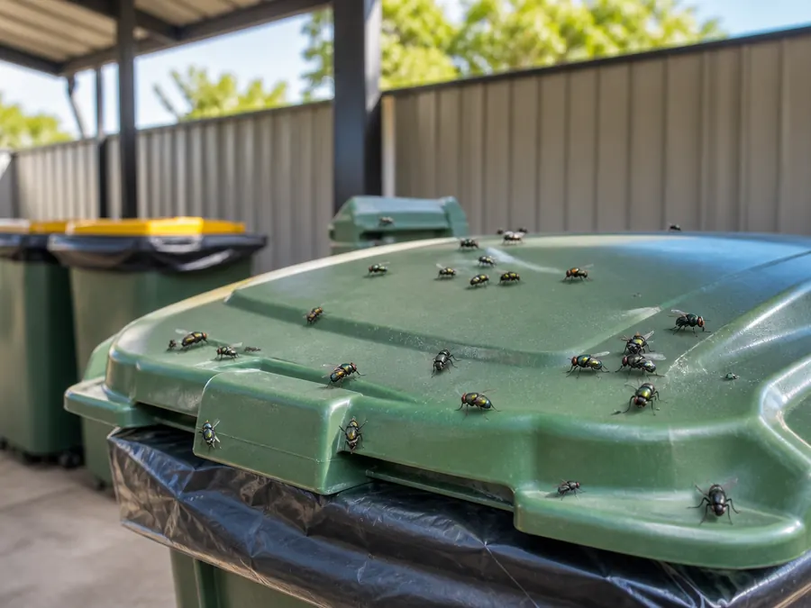 Flies on wheelie bins in a side yard