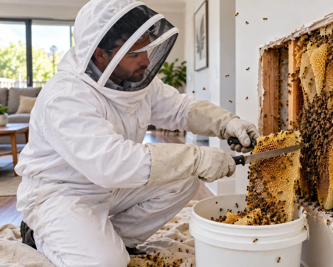 Pest Shield technician in a bee suit cutting honeycomb out of an opened wall in a Melbourne home