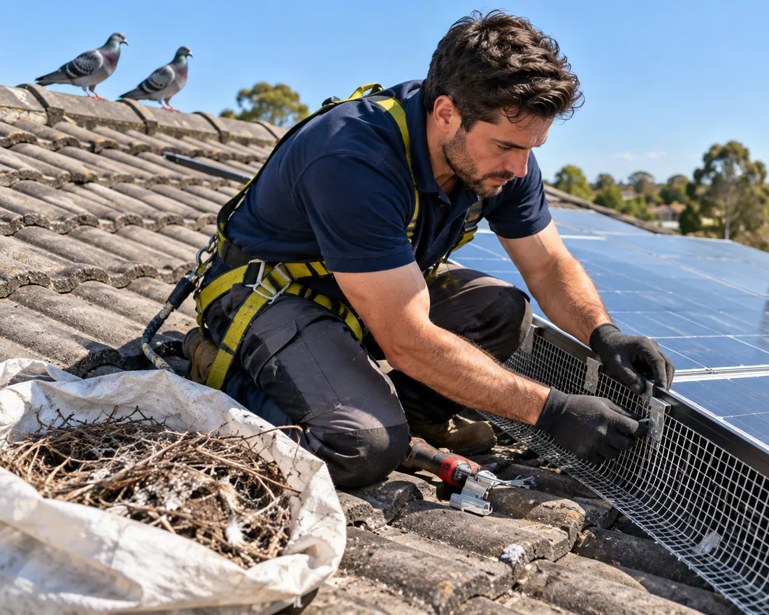 Pest Shield technician fitting bird proofing mesh around solar panels with pigeons on the roof ridge