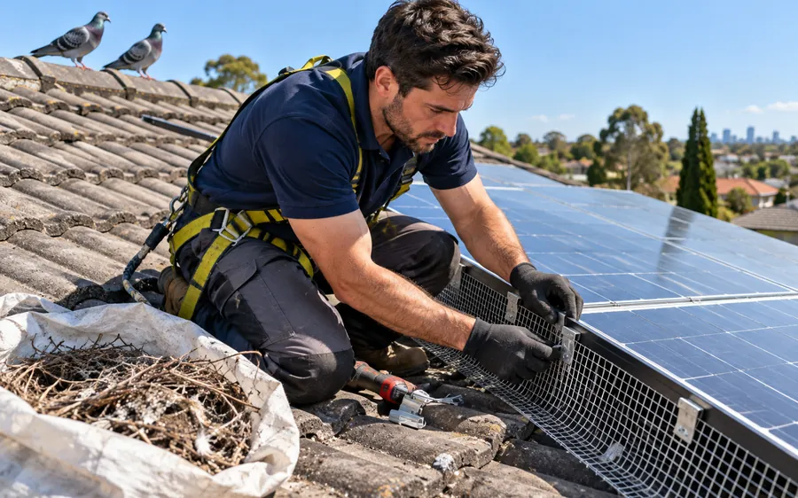 Pest Shield technician fitting bird proofing mesh around solar panels with pigeons on the roof ridge