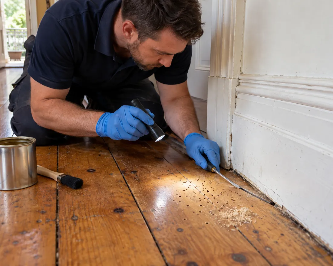 Pest Shield technician checking borer exit holes and frass in baltic pine floorboards