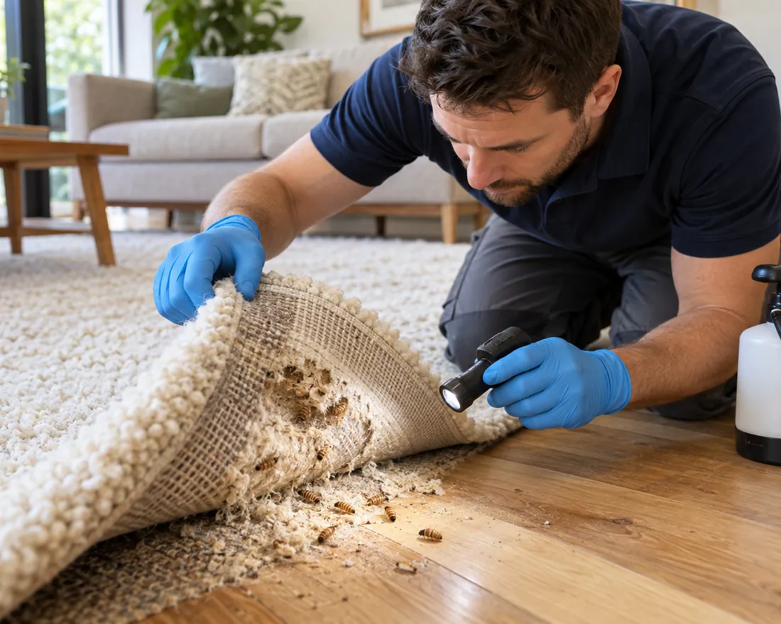 Pest Shield technician lifting a wool rug to show carpet beetle larvae and damage underneath