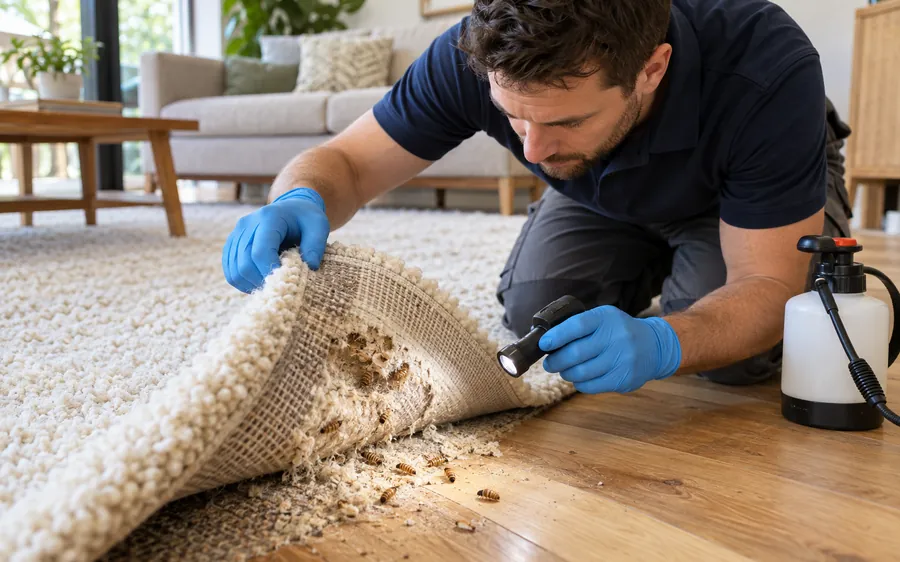 Pest Shield technician lifting a wool rug to show carpet beetle larvae and damage underneath