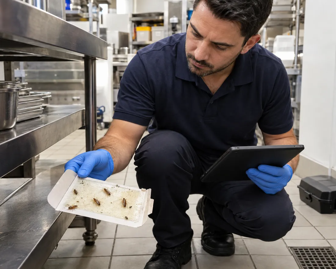 Pest Shield technician recording cockroaches on a monitoring trap in a cafe kitchen