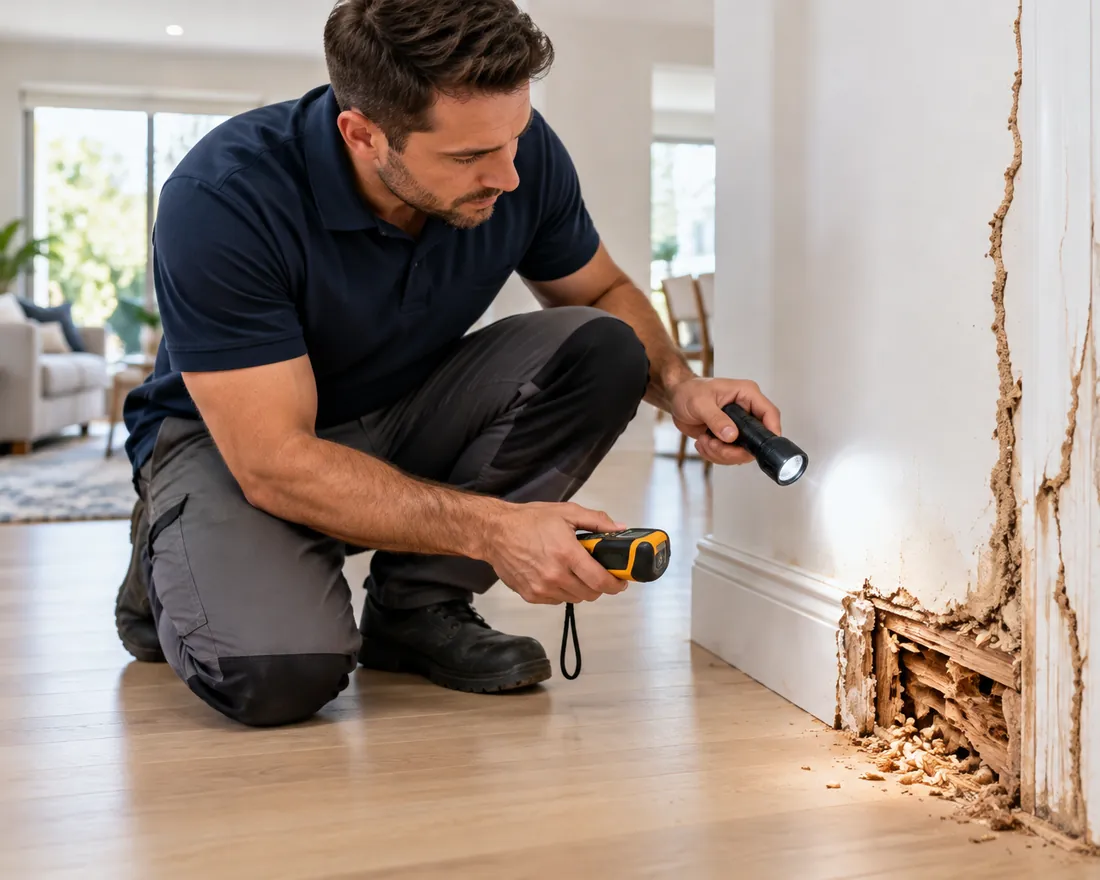 Pest Shield technician inspecting termite mud tubes and damaged skirting board in a Melbourne home