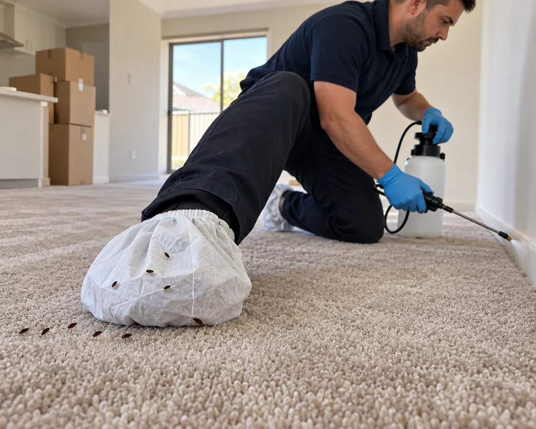Pest Shield technician doing an end of lease flea treatment in an empty rental, fleas visible on a white shoe cover