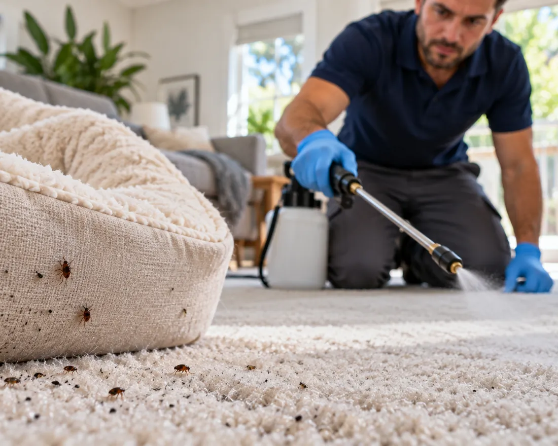 Fleas and flea dirt on a pet bed and carpet while a Pest Shield technician treats the same area