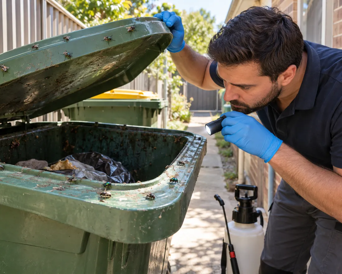 Pest Shield technician checking a wheelie bin with house flies and blowflies on the rim