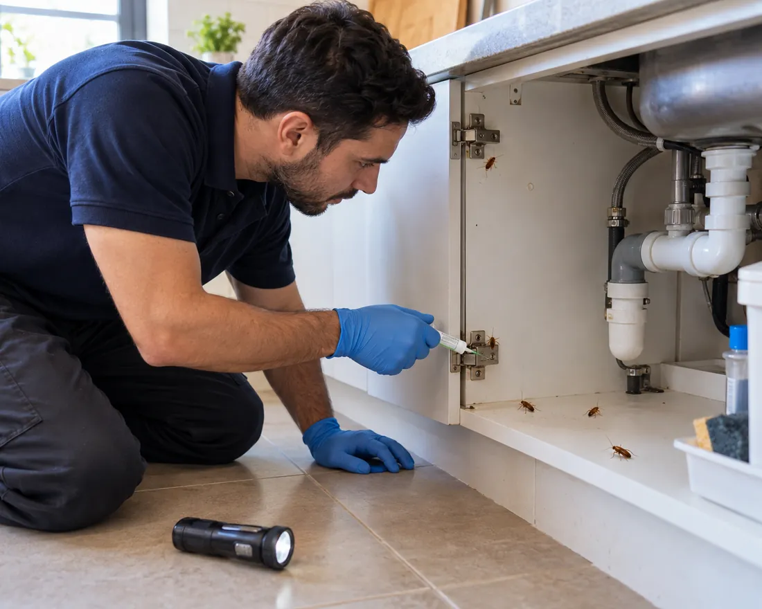 Pest Shield technician applying cockroach gel bait under a kitchen sink