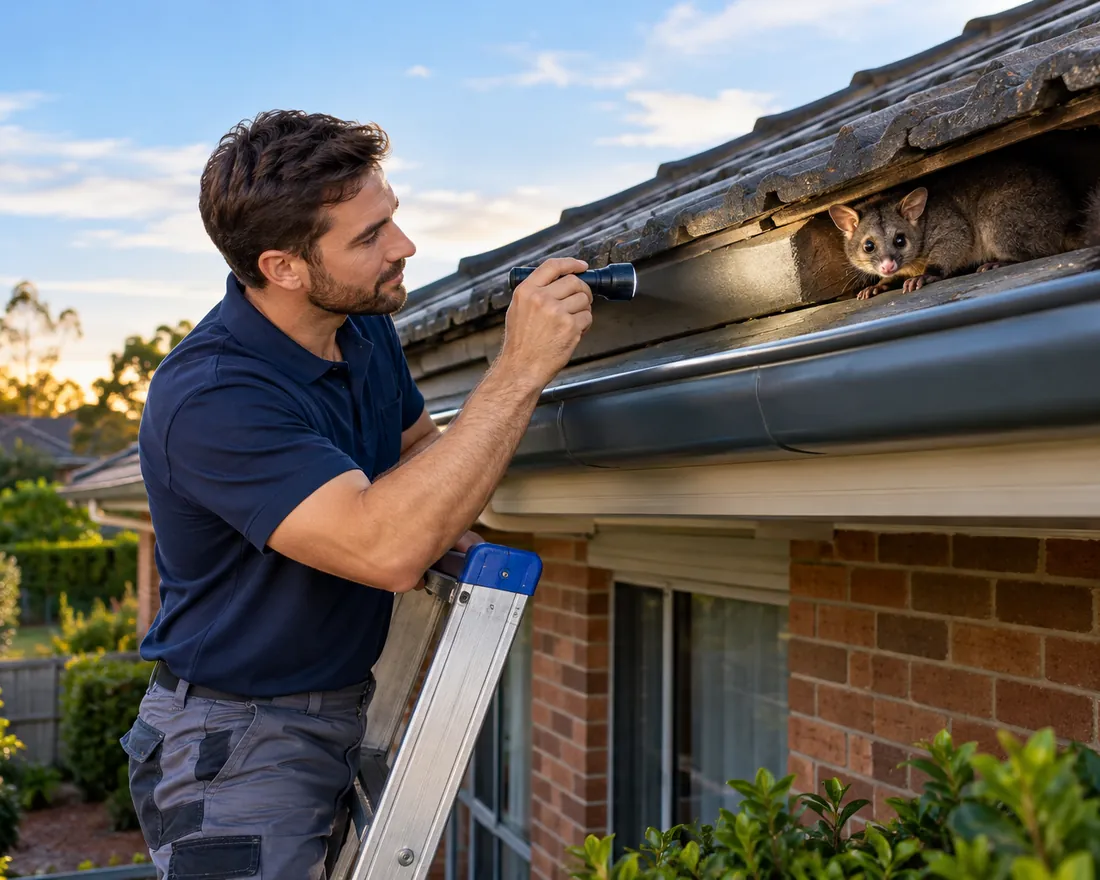 Pest Shield technician on a ladder finding a brushtail possum in a roof gap of a Melbourne home