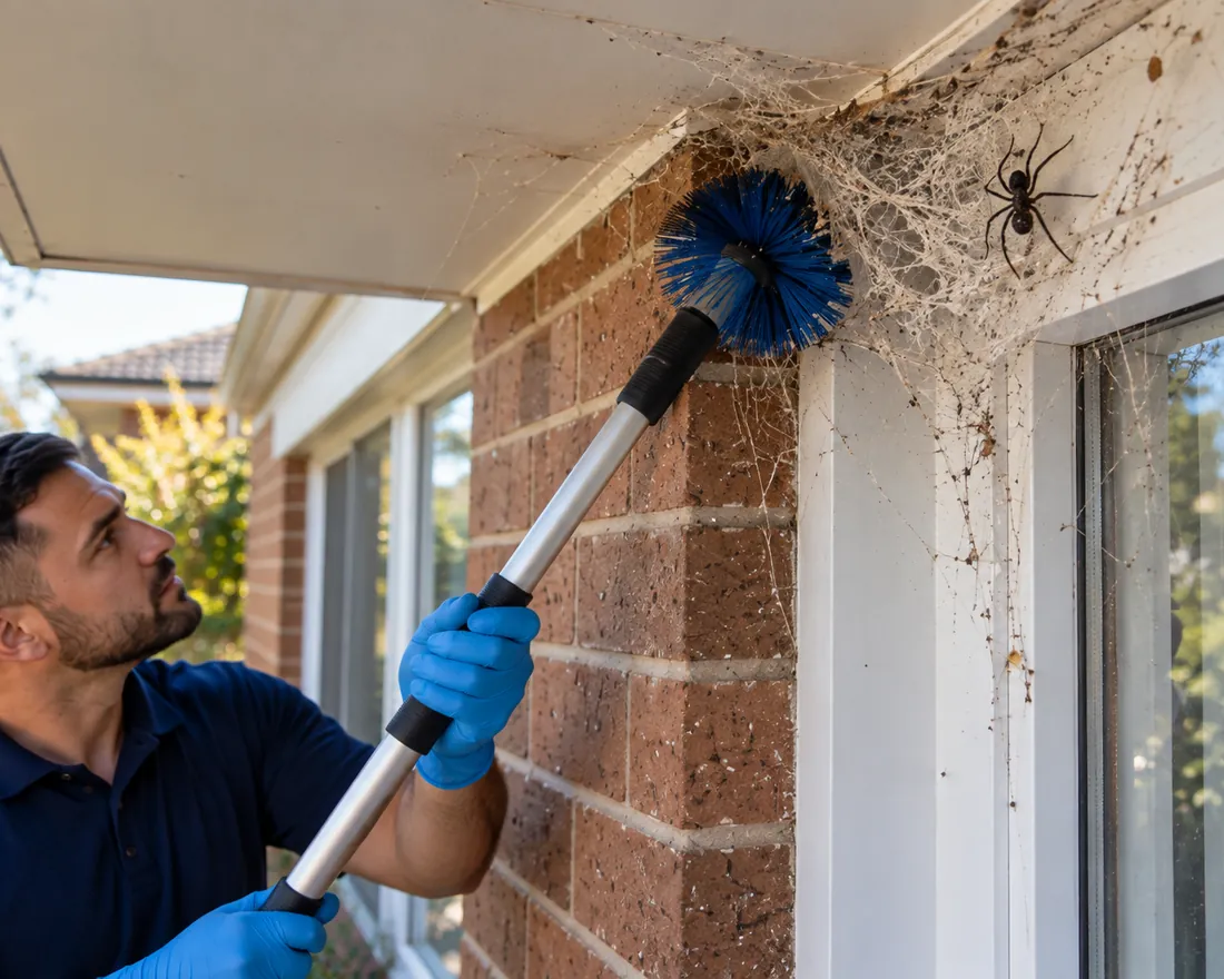Pest Shield technician brushing a black house spider web from a window frame at a Melbourne home