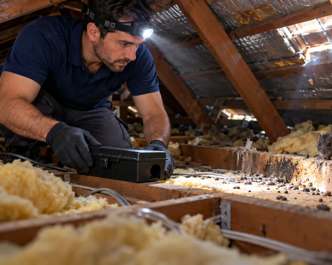 Pest Shield technician placing a bait station in a roof void where a roof rat, droppings and grease marks are visible