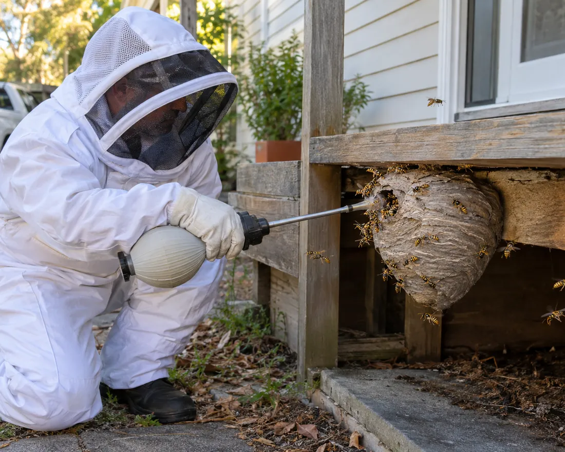 Pest Shield technician in a protective suit dusting a European wasp nest by a back door step