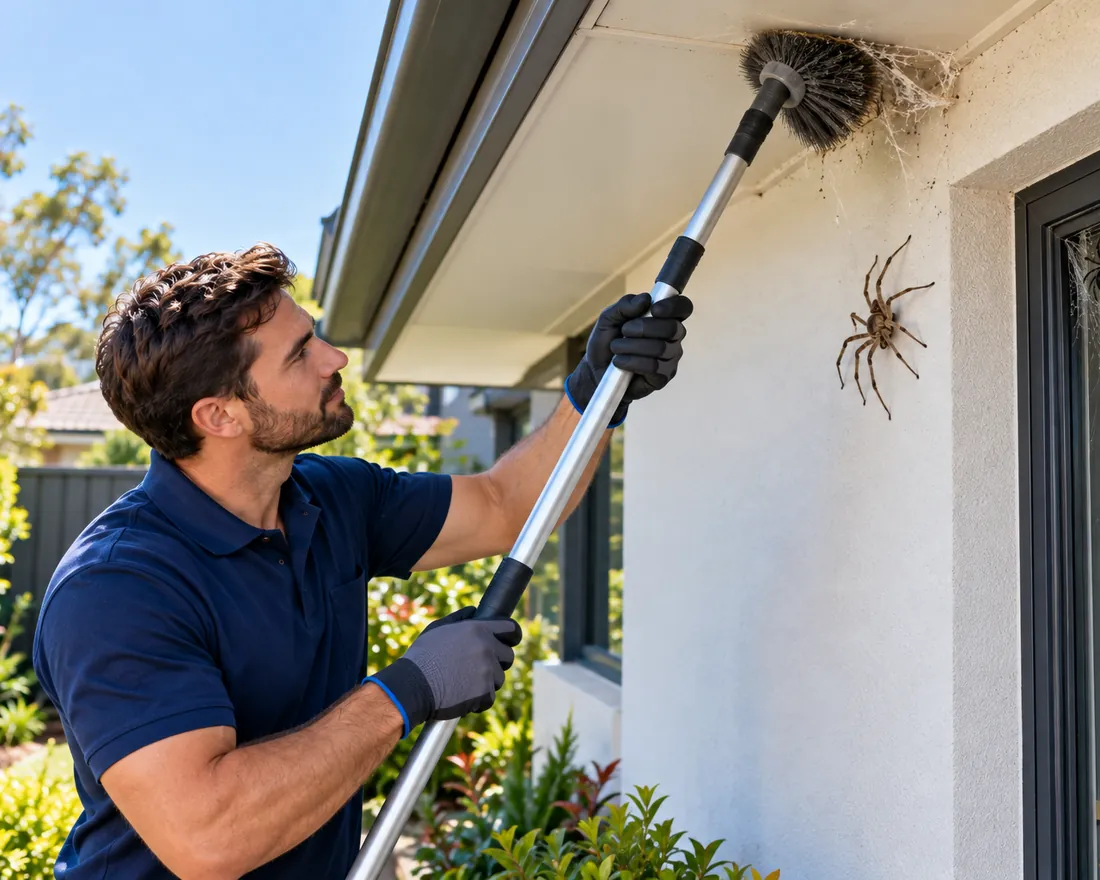 Pest Shield technician brushing webs from the eaves beside a huntsman and a redback on a Melbourne home