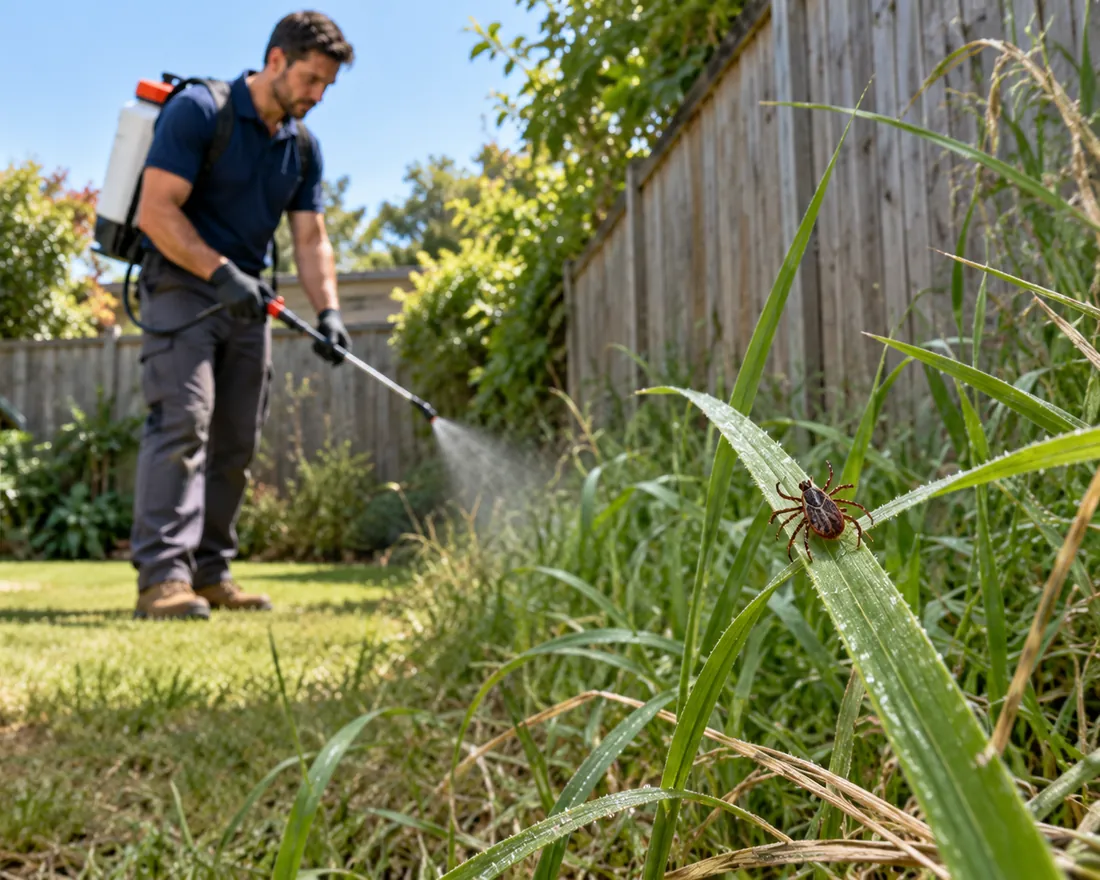A tick on a grass blade at the yard edge while a Pest Shield technician treats the long grass beside a dog kennel