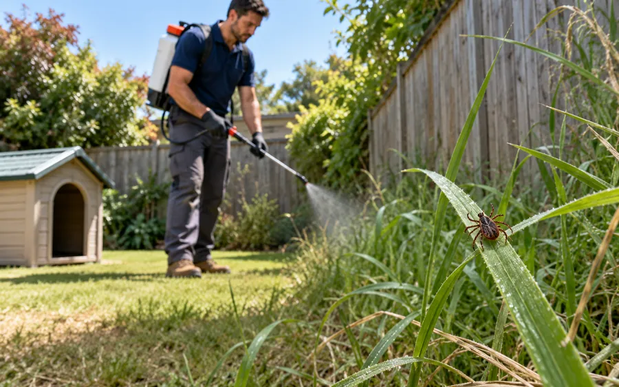 A tick on a grass blade at the yard edge while a Pest Shield technician treats the long grass beside a dog kennel