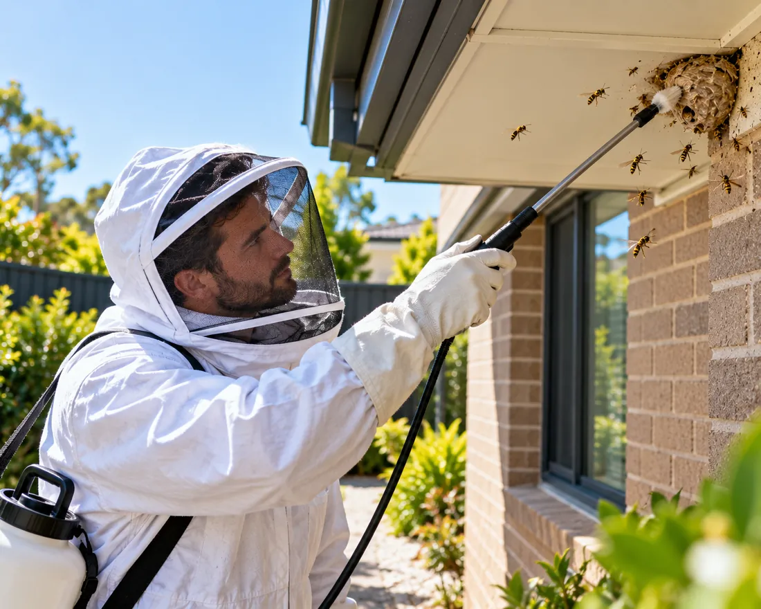 Pest Shield technician in a protective suit treating a wasp nest under the eaves of a Melbourne home