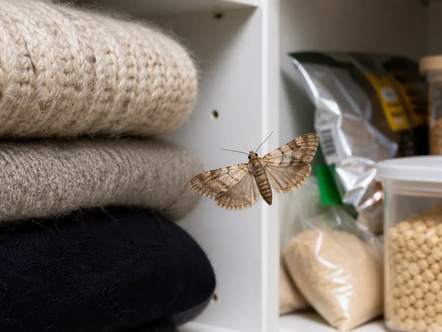 Moth in a wardrobe beside wool jumpers and stored food