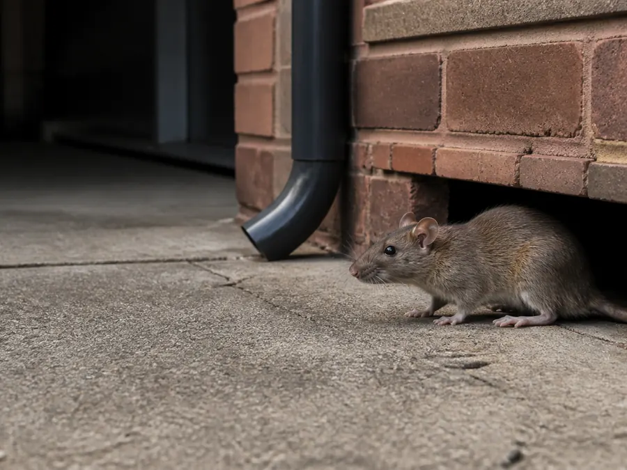 Rat slipping into a Melbourne home through a gap at the base of a brick wall