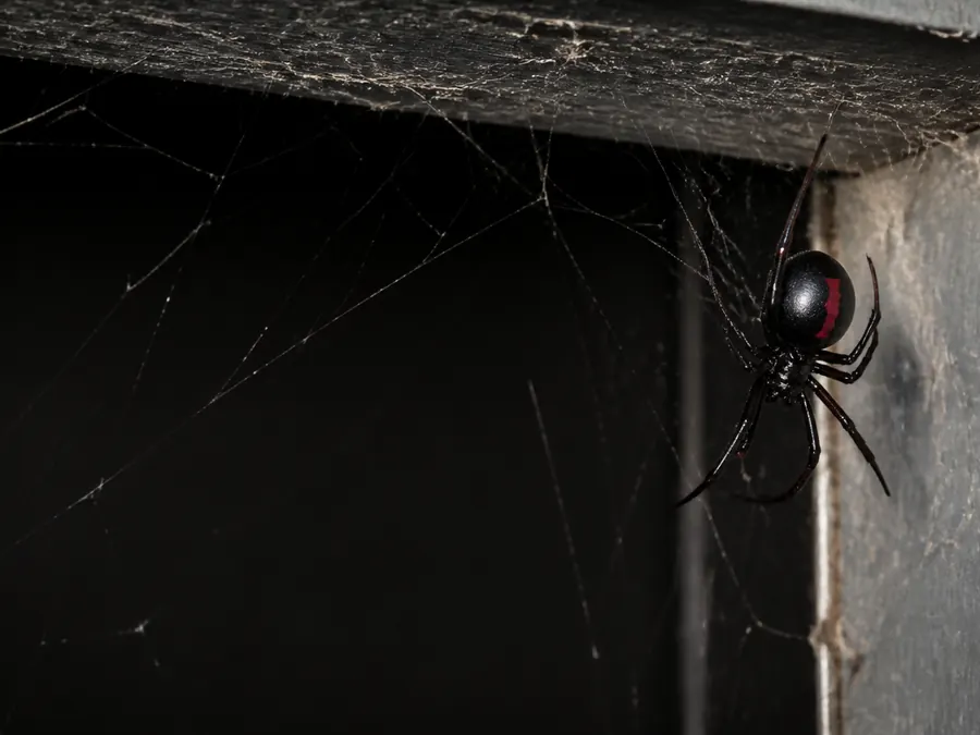 Redback spider in a web in a dark corner under the eaves