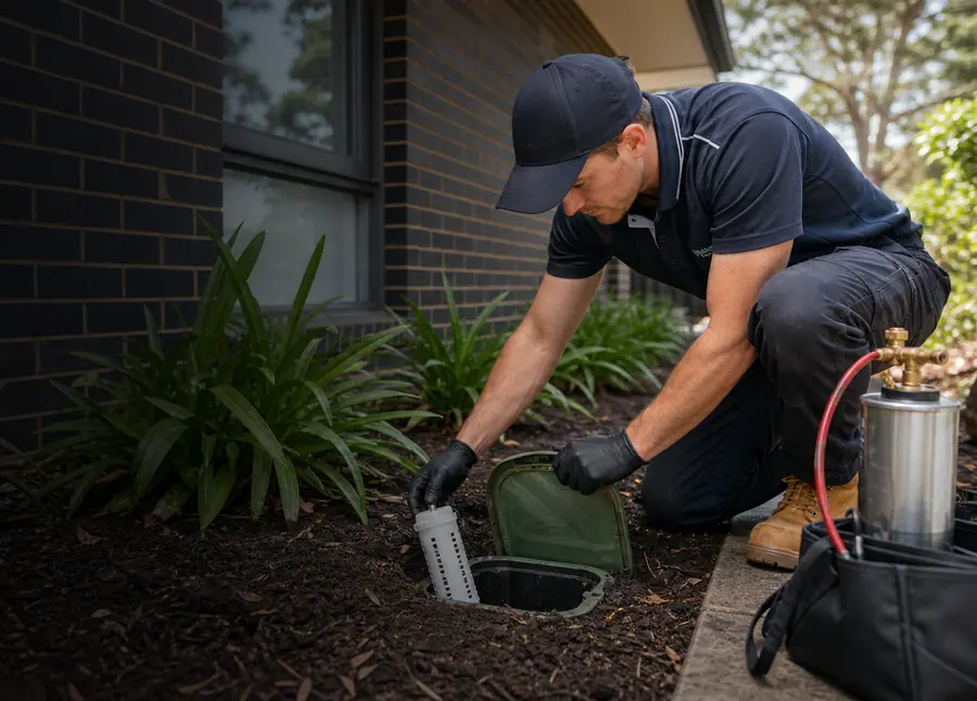 Technician checking an in ground termite bait station in a garden bed