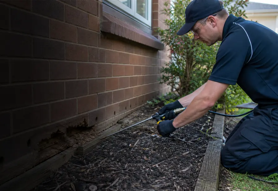 Technician trenching soil beside a brick wall to install a chemical termite barrier