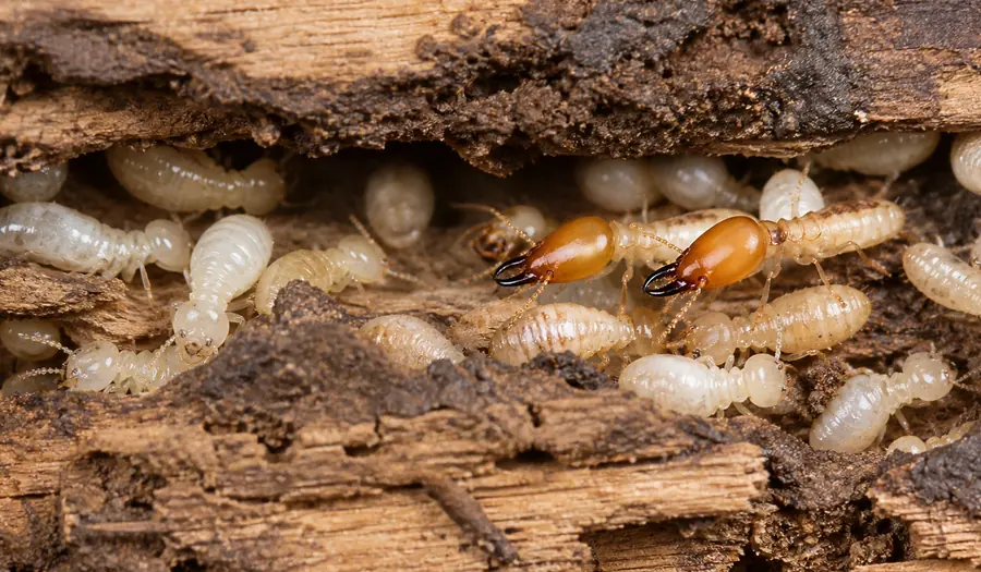 Live subterranean termite workers and soldiers inside damaged timber