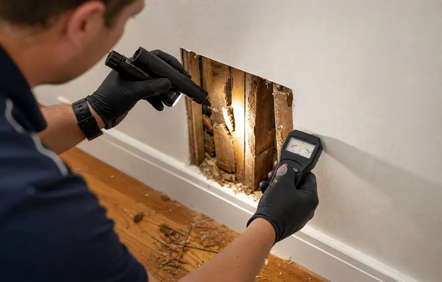 Wall lining opened to show termite damage inside the timber frame
