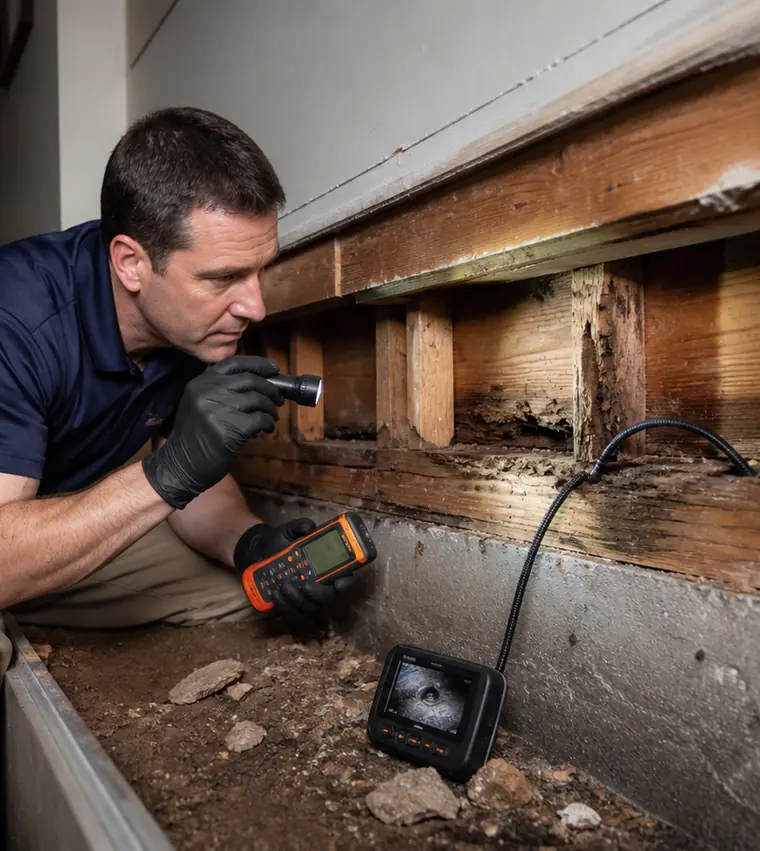 Pest Shield technician checking a skirting board for termite activity in a Melbourne home
