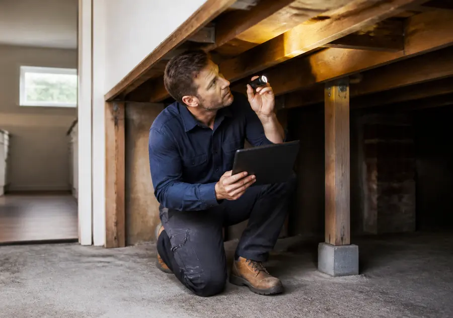 Inspector checking the subfloor of a house before purchase