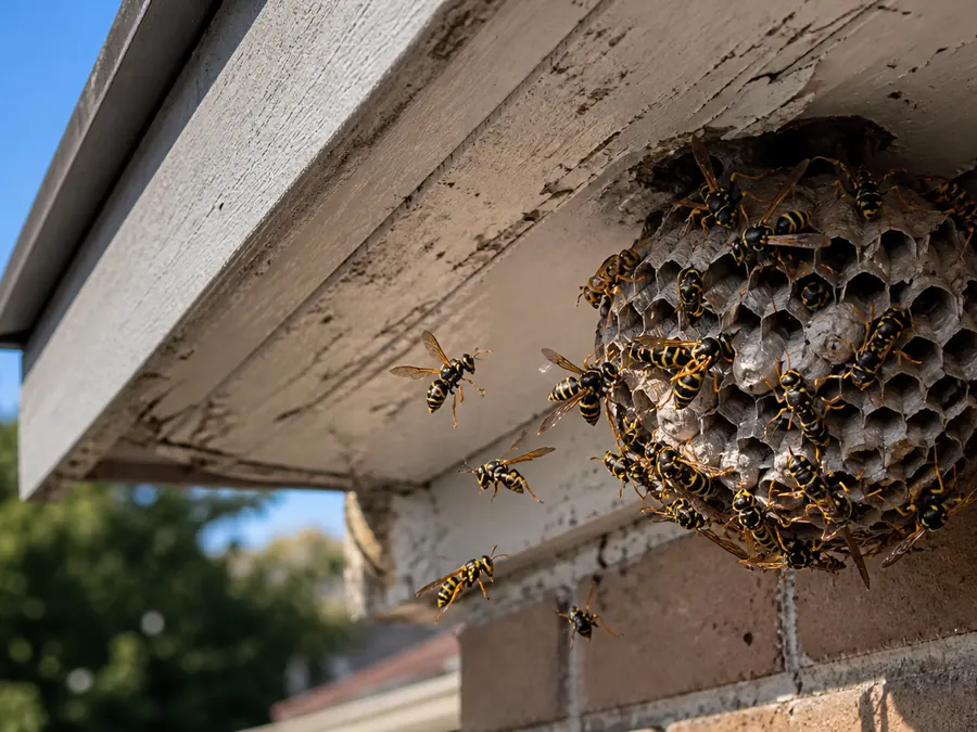 Wasp nest built under the eaves against a brick wall